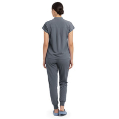 Back view of Gray minimal surgical scrubs, clean design with no pockets