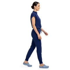 Side profile of Navy Blue scrub pants showing zippered cargo pocket on leg