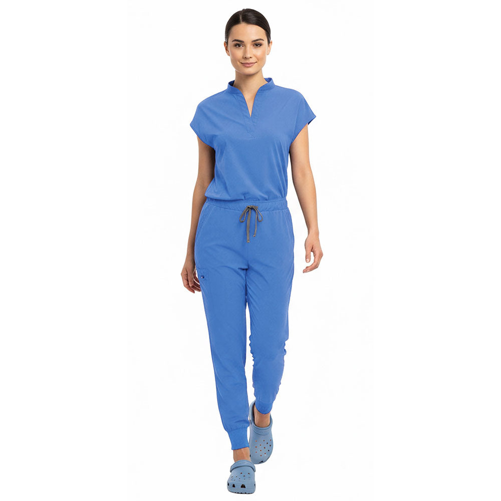 Medical professional stretching in Ceil Blue 4-way stretch uniform showing flexibility