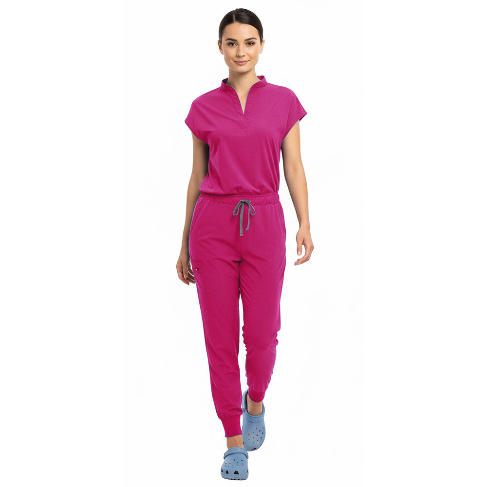 Medical professional stretching in Rose Pink 4-way stretch uniform showing flexibility