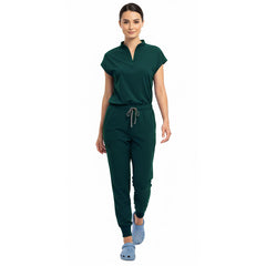 Medical professional stretching in Hunter Green 4-way stretch uniform showing flexibility