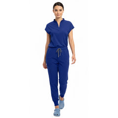 Medical professional stretching in Royal Blue 4-way stretch uniform showing flexibility
