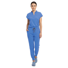 Doctor demonstrating side pocket access on Ceil Blue zipper cargo pants