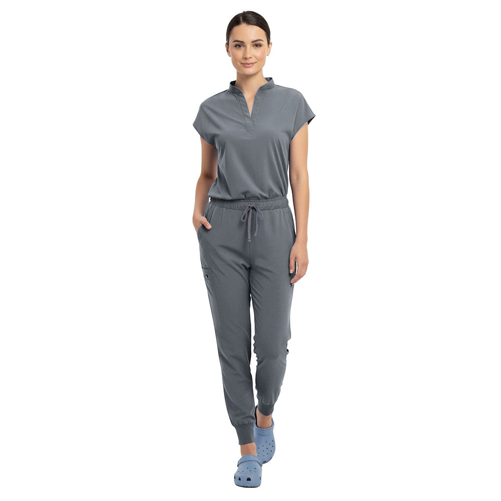 Doctor demonstrating side pocket access on Gray zipper cargo pants