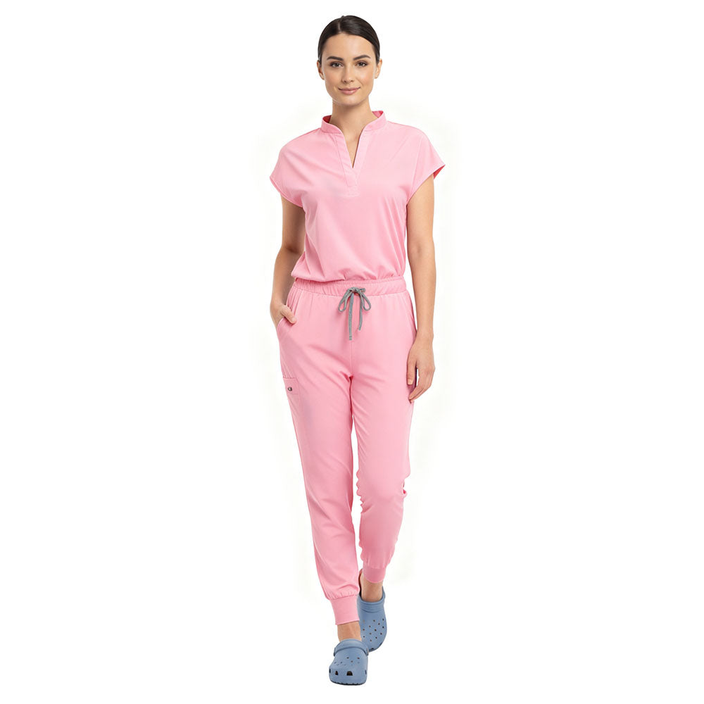 Doctor demonstrating side pocket access on Pink zipper cargo pants