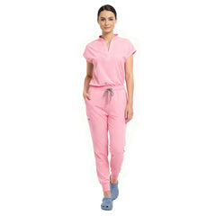 Doctor demonstrating side pocket access on Pink zipper cargo pants