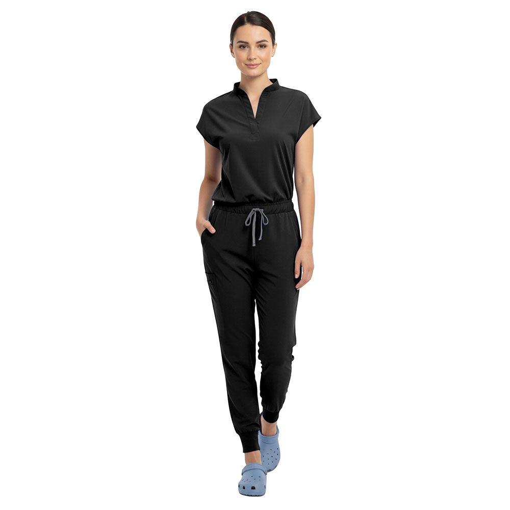 Doctor demonstrating side pocket access on Black zipper cargo pants