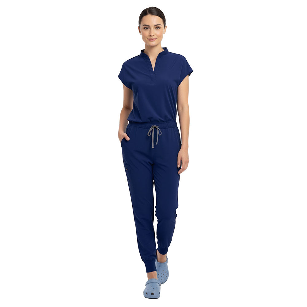 Doctor demonstrating side pocket access on Navy Blue zipper cargo pants
