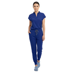 Doctor demonstrating side pocket access on Royal Blue zipper cargo pants
