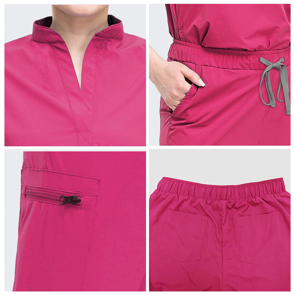Fabric detail of Rose Pink stand collar and durable polyester spandex texture