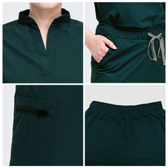 Fabric detail of Hunter Green stand collar and durable polyester spandex texture