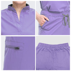 Fabric detail of Lavender stand collar and durable polyester spandex texture