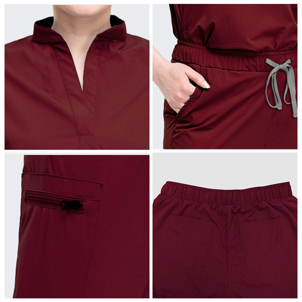 Fabric detail of Burgundy stand collar and durable polyester spandex texture