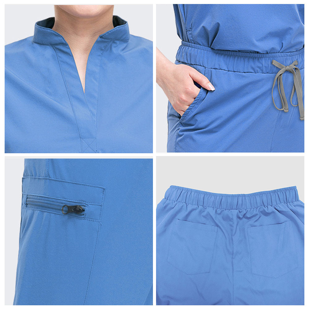 Fabric detail of Ceil Blue stand collar and durable polyester spandex texture