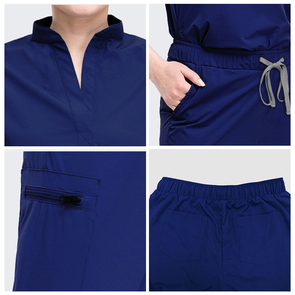 Fabric detail of Navy Blue stand collar and durable polyester spandex texture