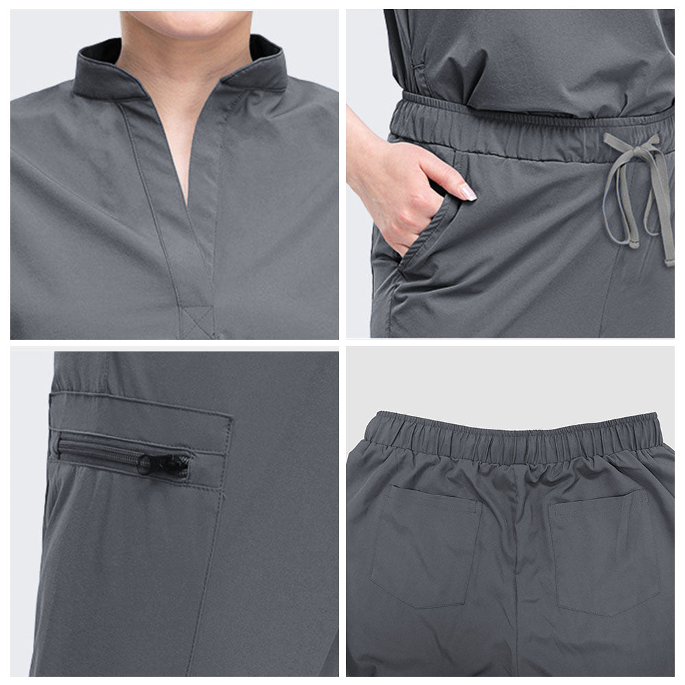 Fabric detail of Gray stand collar and durable polyester spandex texture