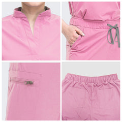 Fabric detail of Pink stand collar and durable polyester spandex texture