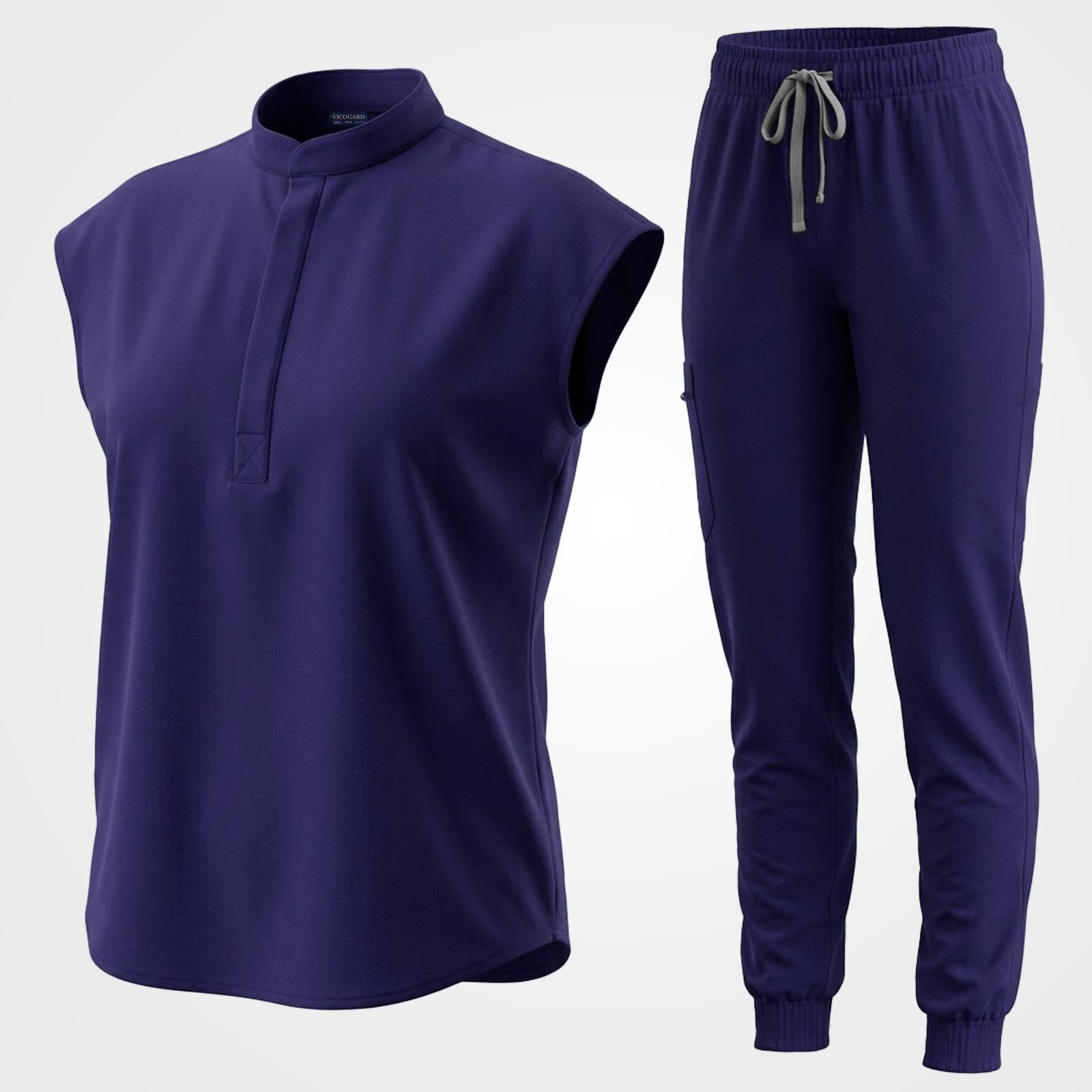 Dark blue 9-pocket medical uniform set flat lay