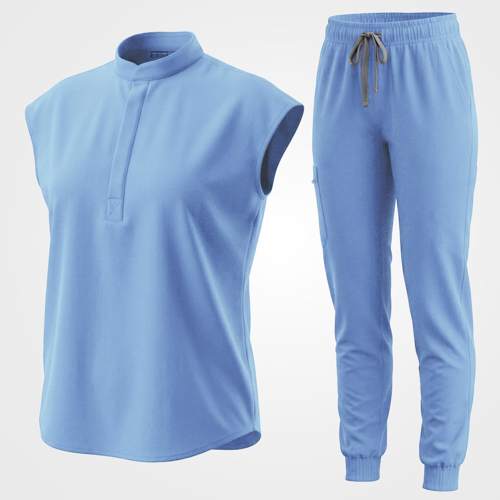 Light blue 9-pocket medical uniform set flat lay
