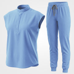 Light blue 9-pocket medical uniform set flat lay