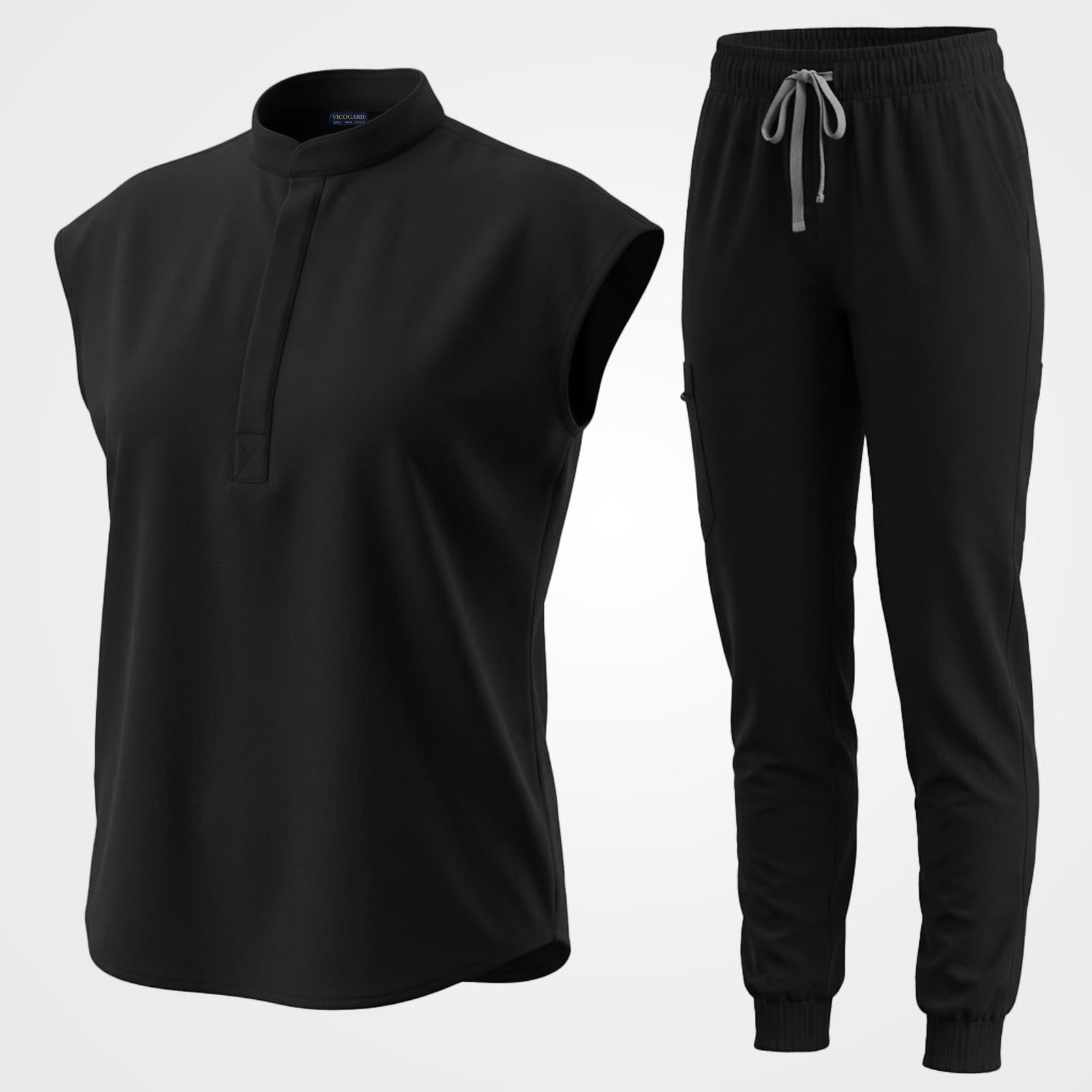 Sleek black 9-pocket medical uniform set flat lay