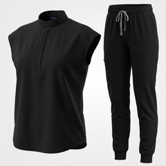 Sleek black 9-pocket medical uniform set flat lay