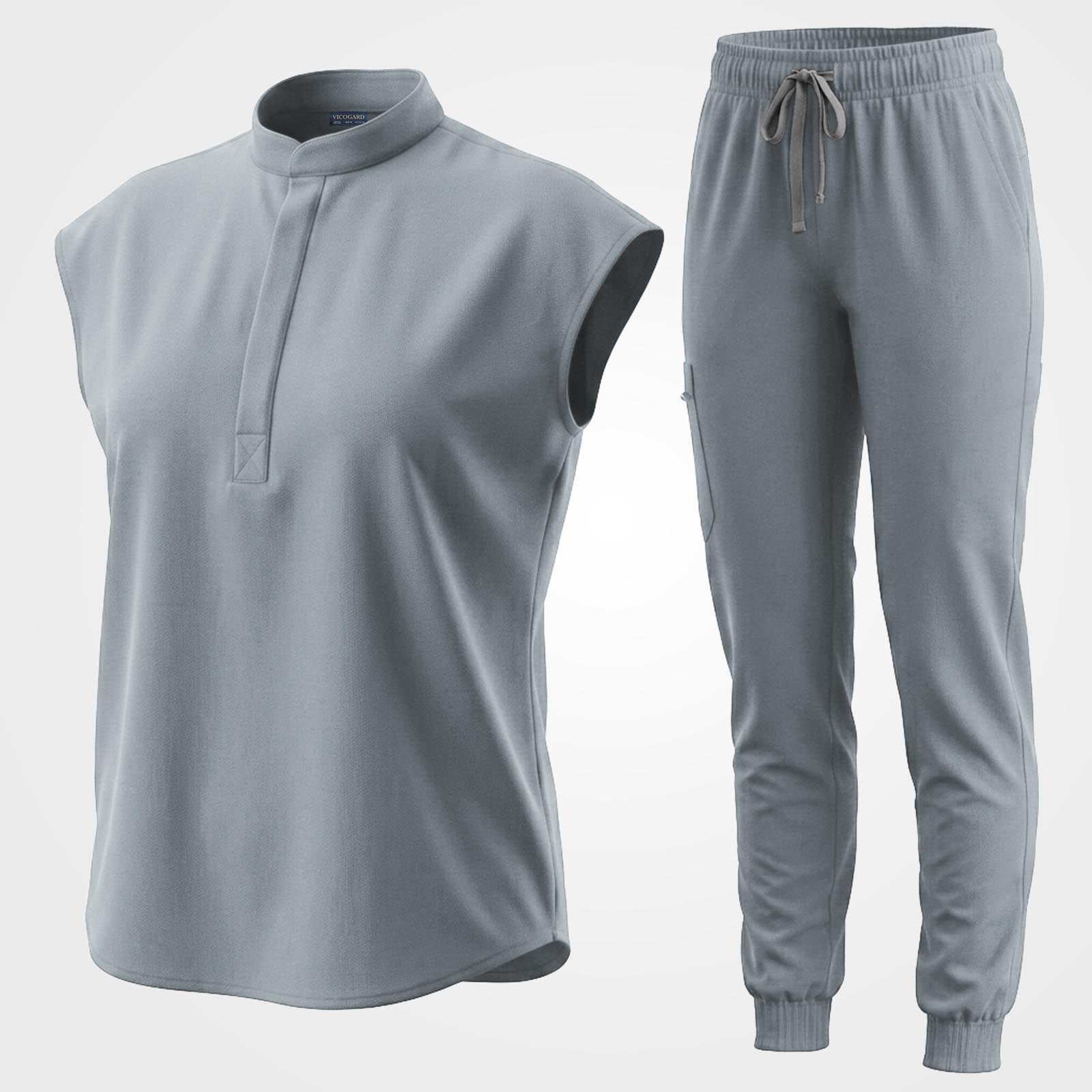 Clean grey 9-pocket medical uniform set flat lay