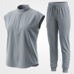 Clean grey 9-pocket medical uniform set flat lay