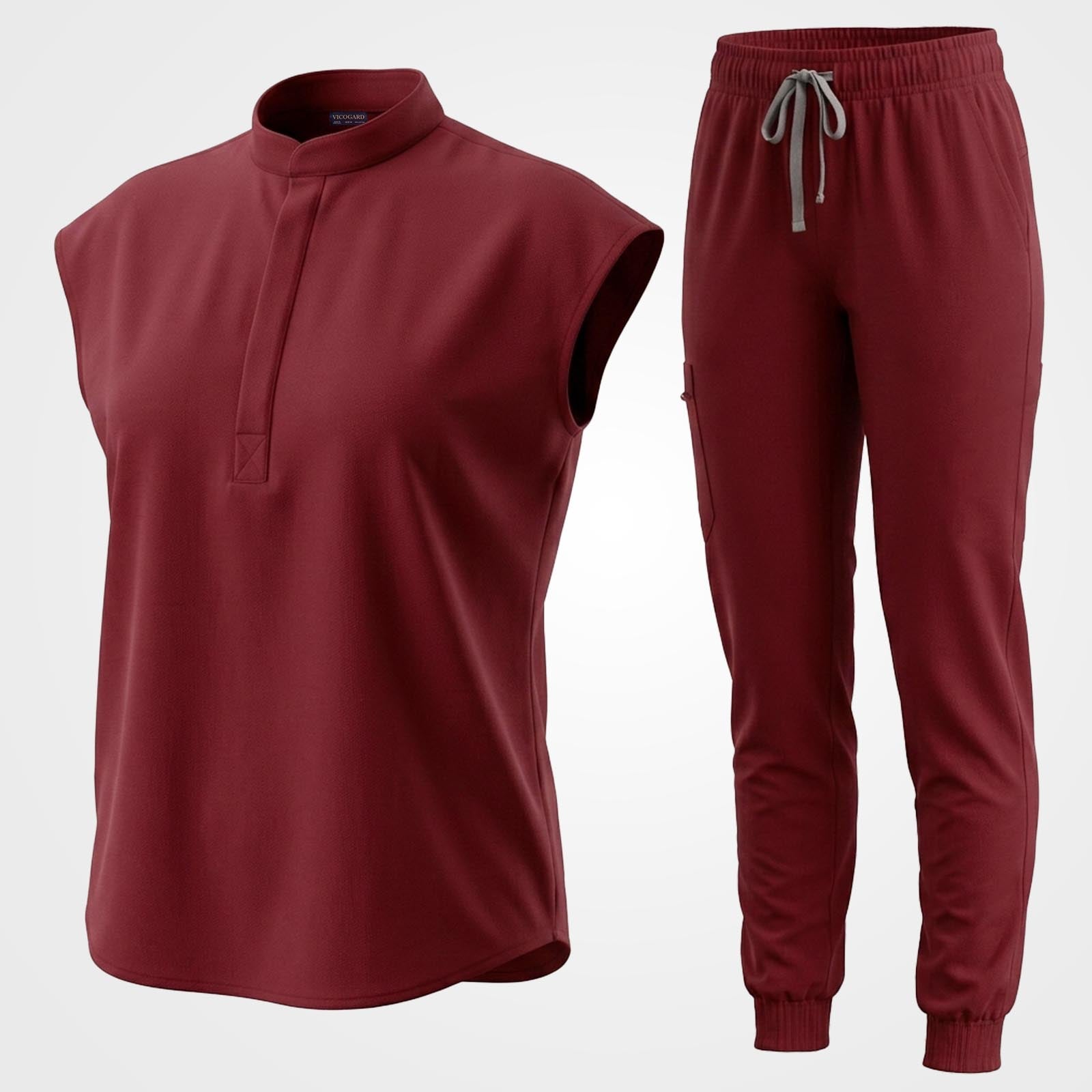 Rich wine red 9-pocket medical uniform set flat lay