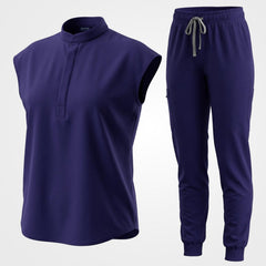 Dark blue 9-pocket medical uniform set flat lay