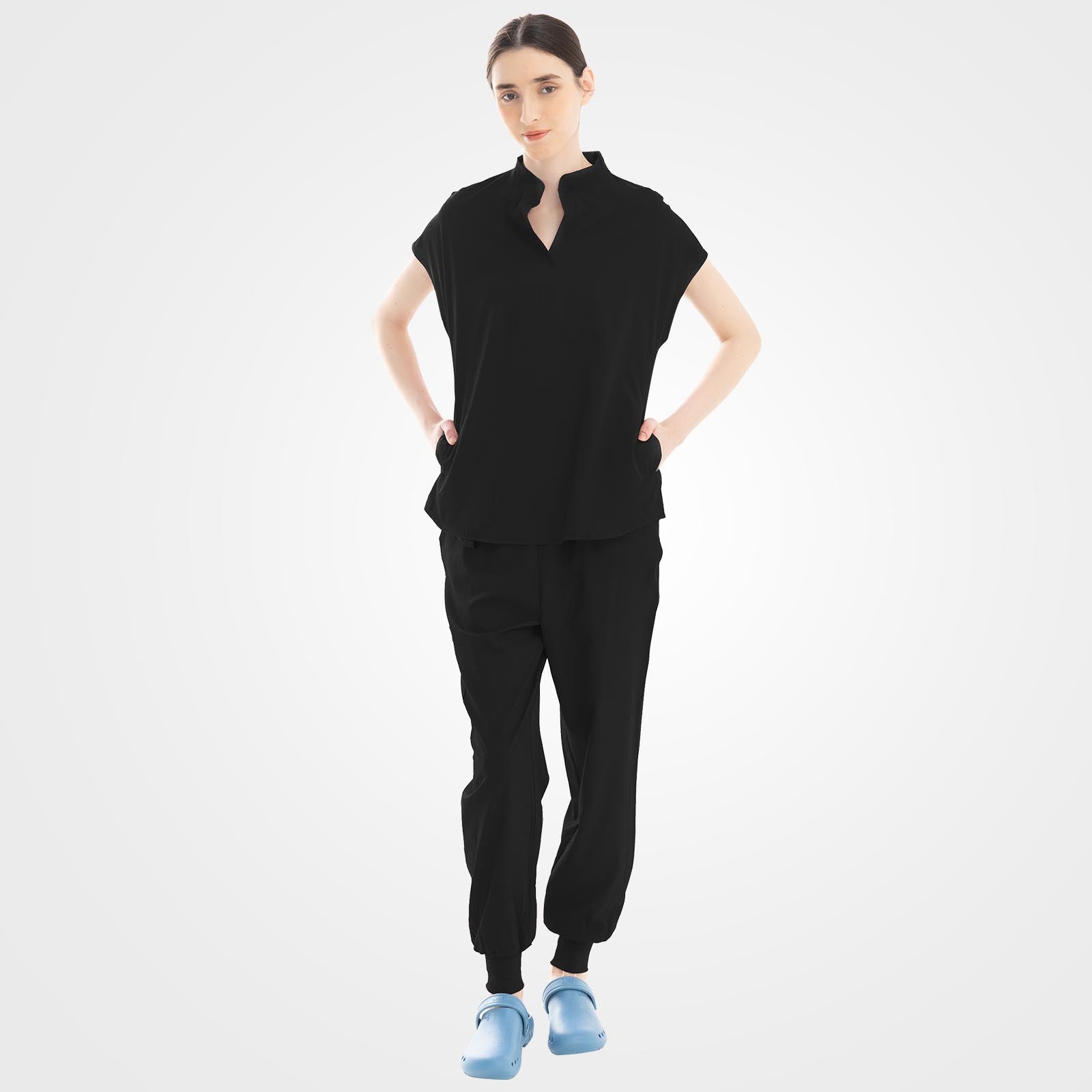 Black slim fit scrub top and cargo pants front view