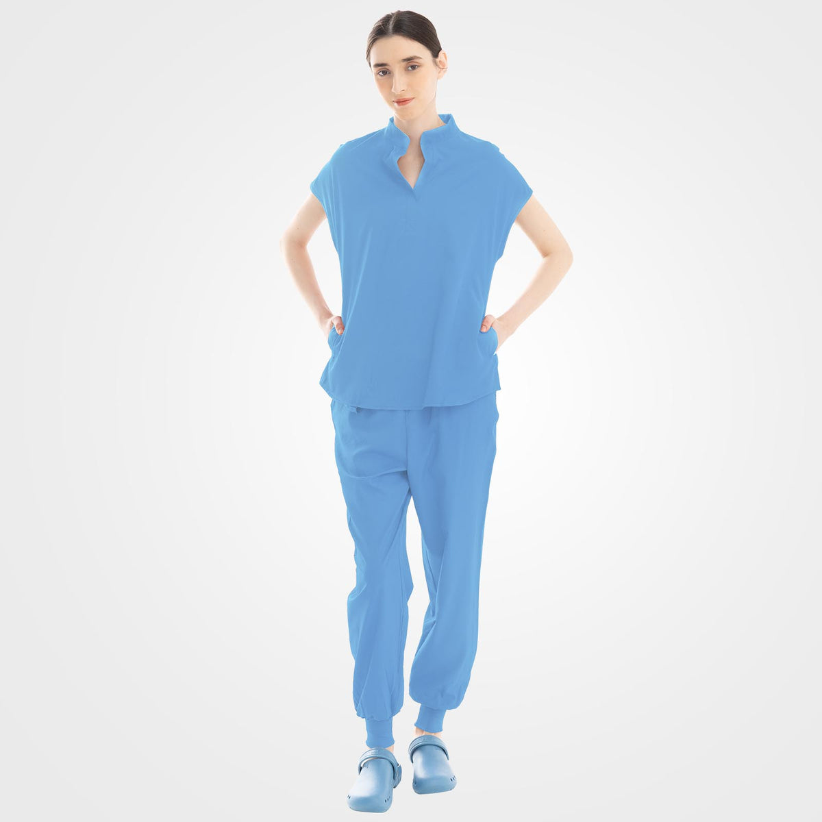 Ceil blue nursing scrub top and cargo pants front view