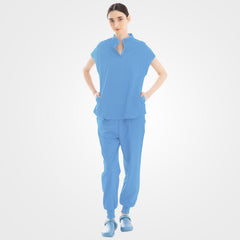 Ceil blue nursing scrub top and cargo pants front view