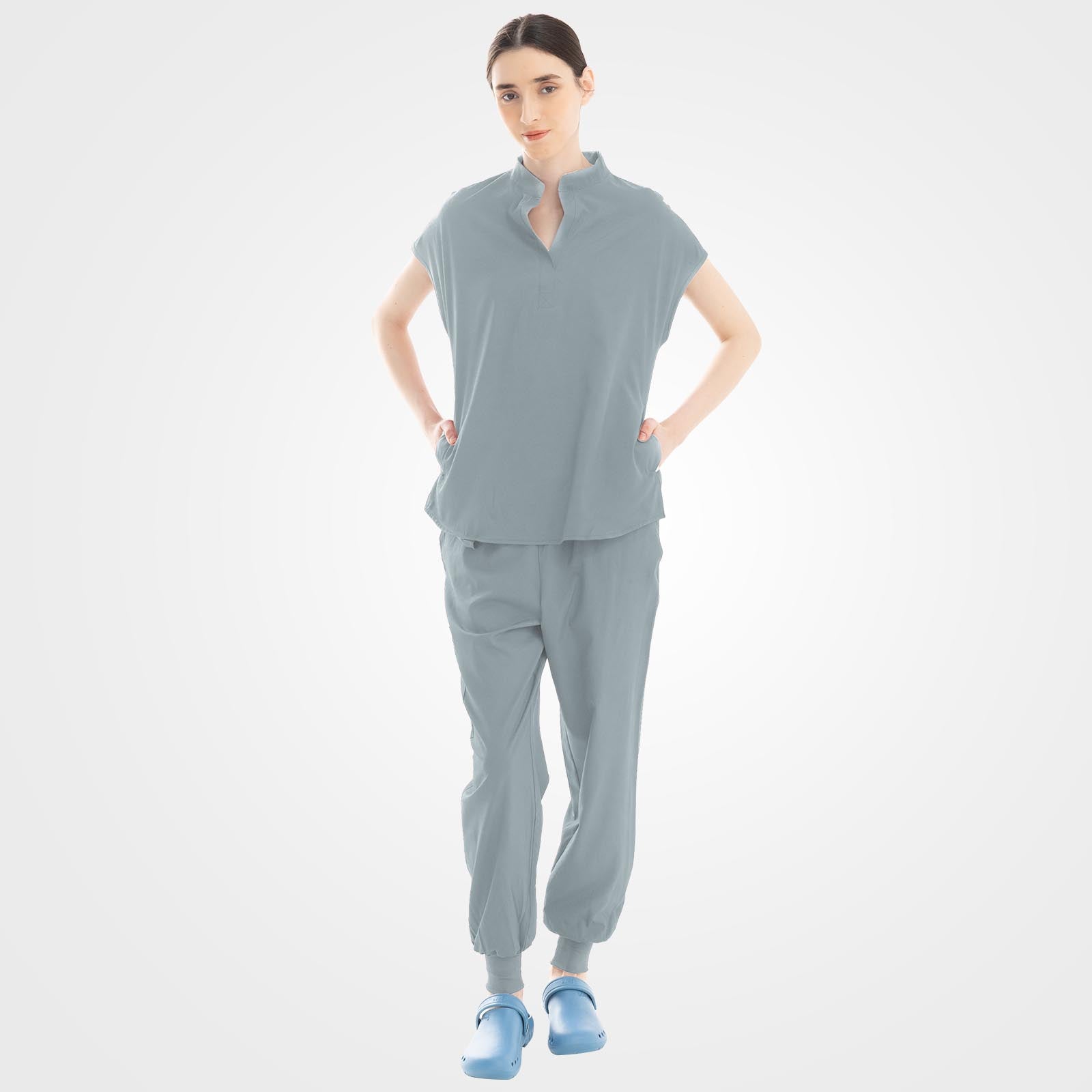 Grey slim fit scrub top and cargo pants front view