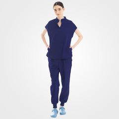 Navy blue slim fit scrub top and cargo pants front view