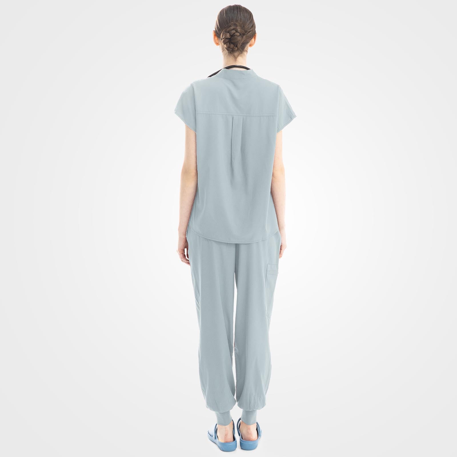 Women's grey scrub set lounge-inspired back contour