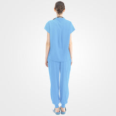 Lounge-inspired back contour on ceil blue scrubs
