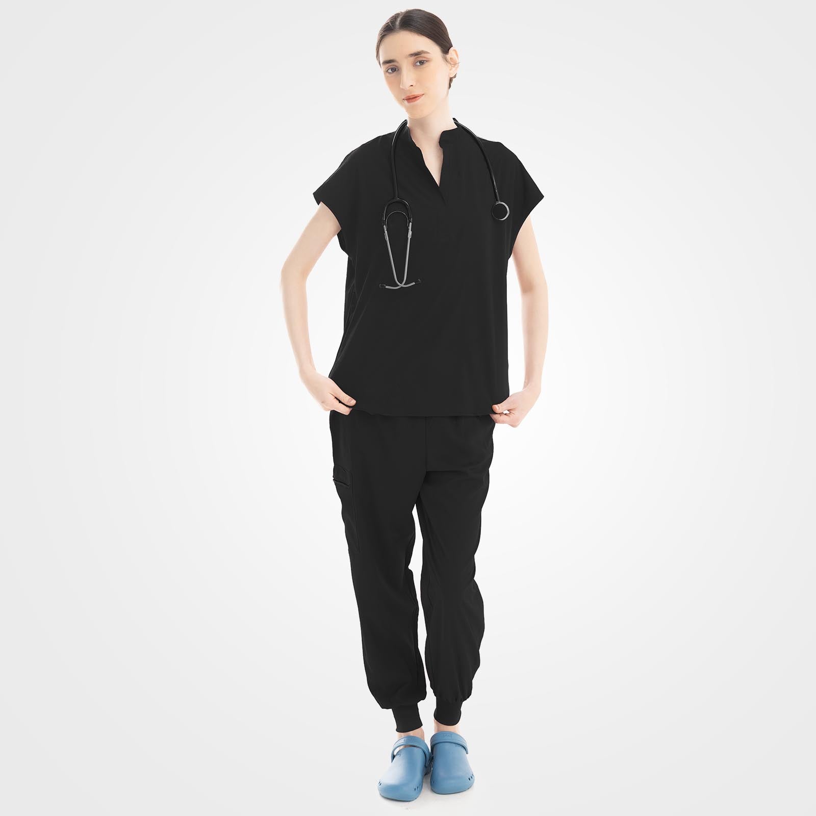 Black scrub pants double layered cargo pocket detail