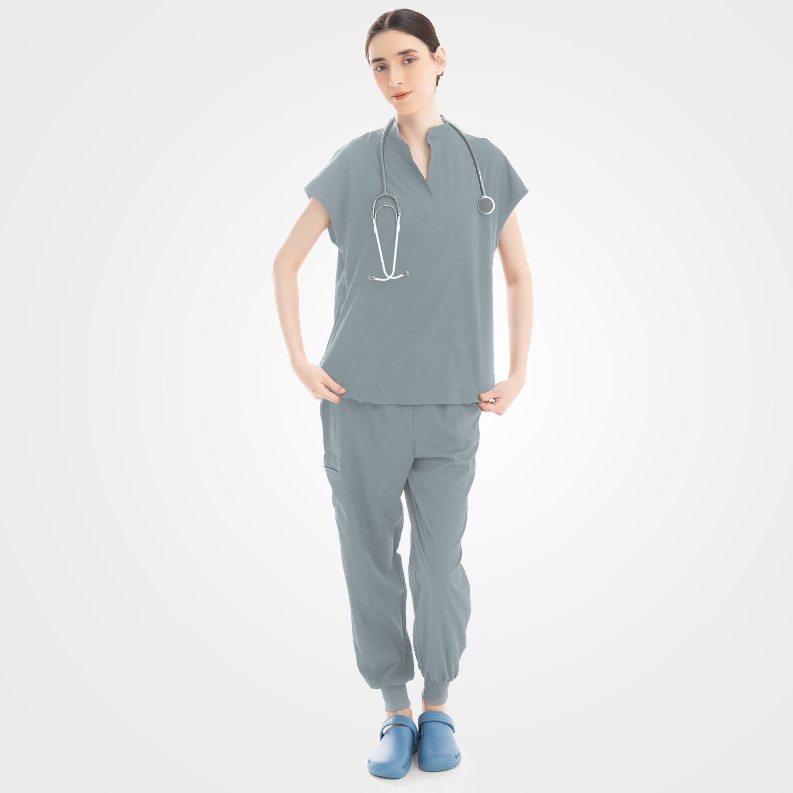 Grey scrub pants double layered cargo pocket detail