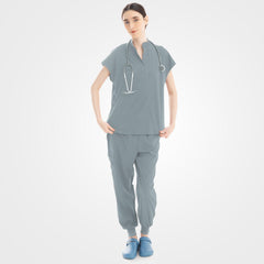 Grey scrub pants double layered cargo pocket detail