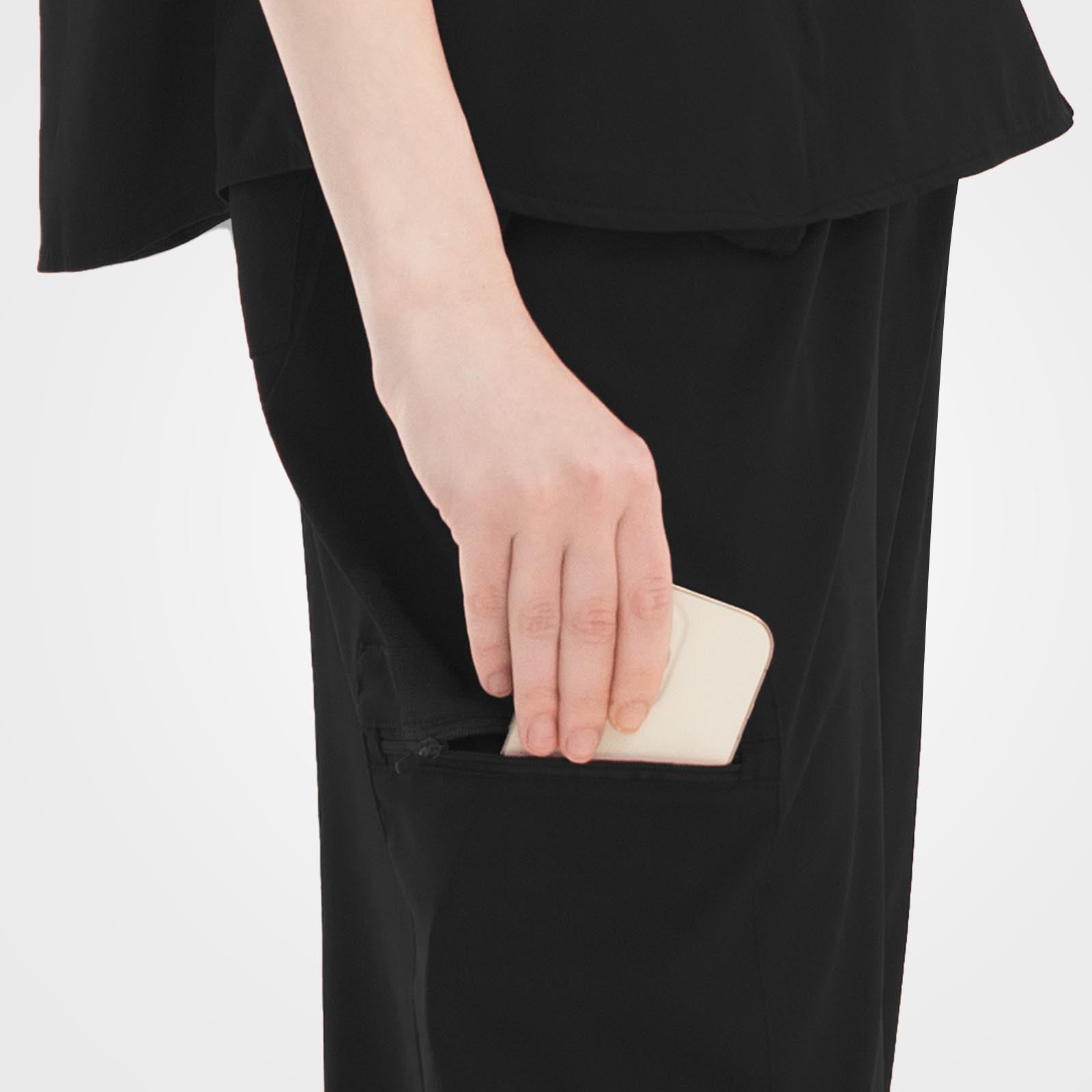 Slim fit black scrub top hidden side hem pocket