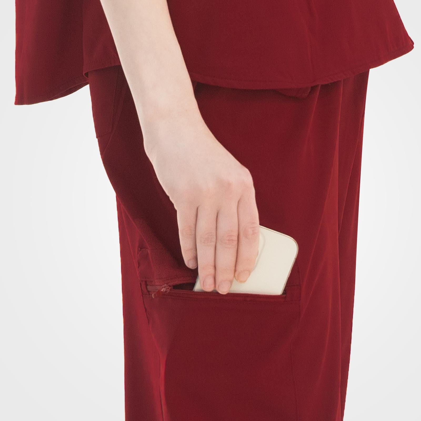 Elegant wine red scrub top hidden side hem pocket