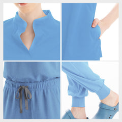 Tailored light blue scrub pants slanted pocket detail