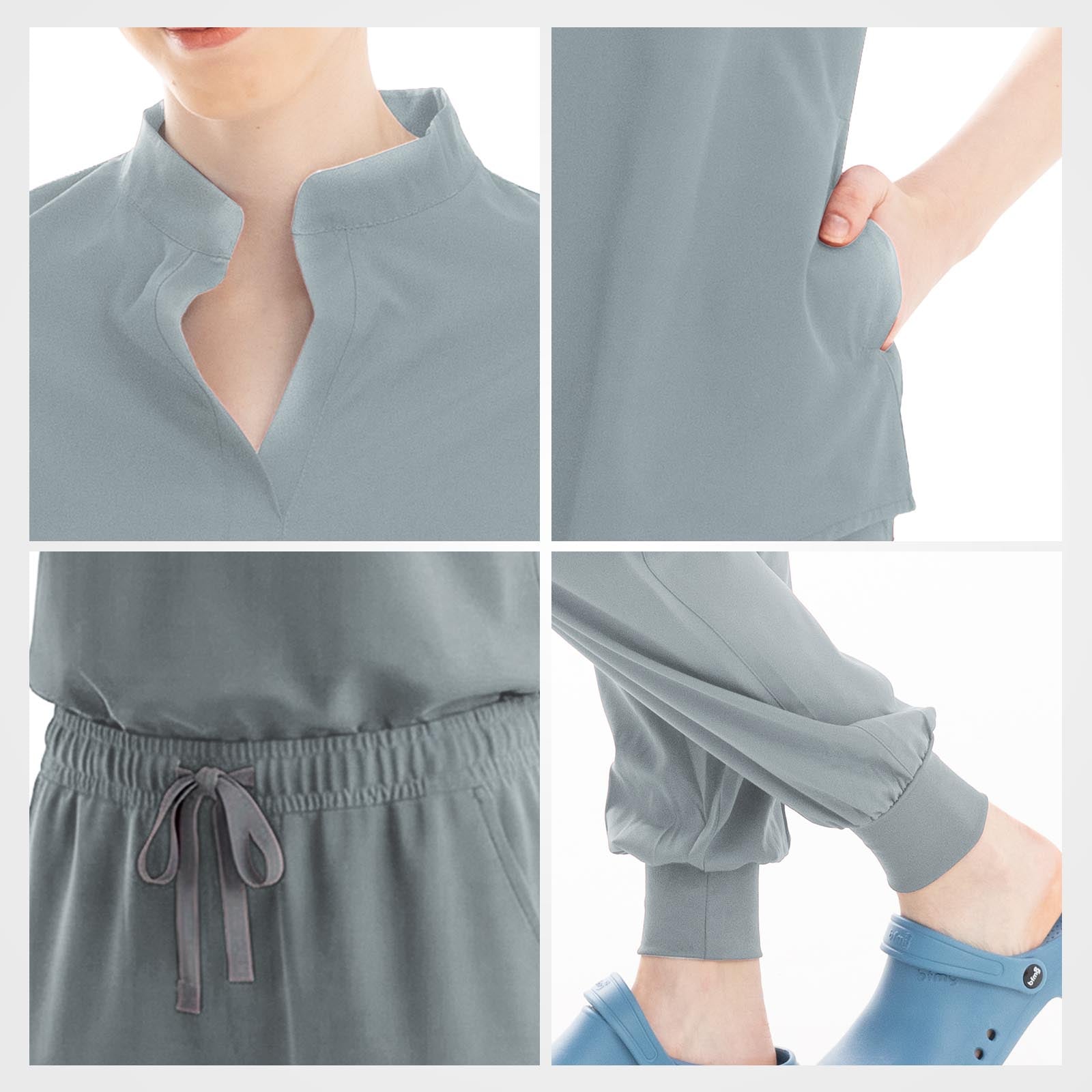 Tailored grey scrub pants waistband and slanted pocket detail
