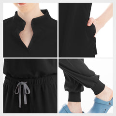 Tailored black scrub pants waistband and slanted pocket detail