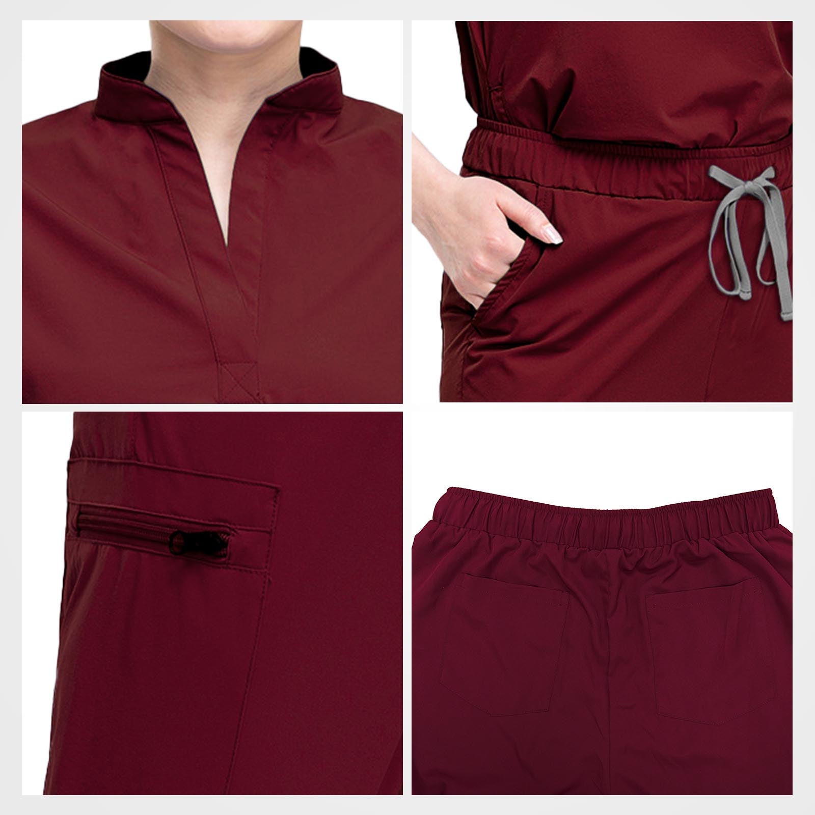 Tailored burgundy scrub pants slanted pocket detail
