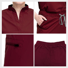 Tailored burgundy scrub pants slanted pocket detail