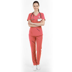 Vicogard Orange Red high visibility scrubs, vibrant V-neck uniform for ER teams