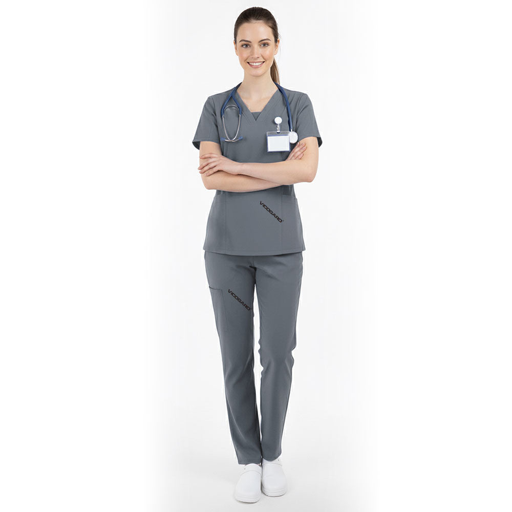 Vicogard Gray essential scrub set front view, modern V-neck medical uniform for dental staff