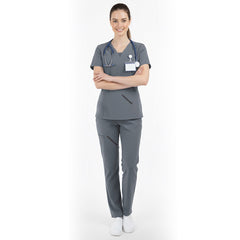 Vicogard Gray essential scrub set front view, modern V-neck medical uniform for dental staff